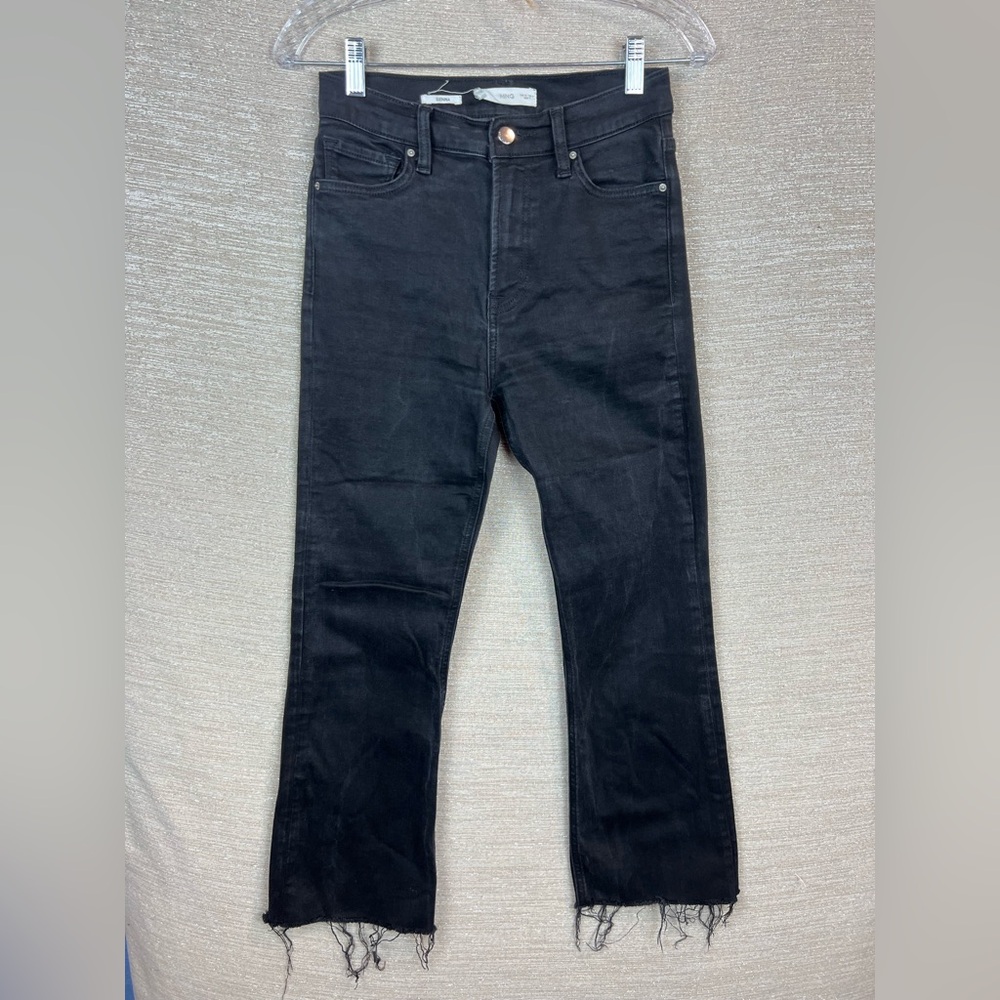 Mango MNG Sienna Black High Rise Denim Raw Hem Demi Boot Jeans Size 6 / 28w